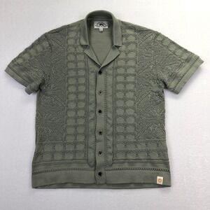 Free Planet Mens Small Sage Green Textured Geometric Knit Camp Collar Shirt S